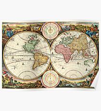 Vintage Maps Of The World. 1730 Stoopendaal Map of the World in two Hemispheres Poster