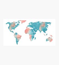 World Map Coral Pink and Turquoise Blue Photographic Print