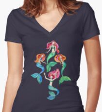 Merry Mermaids in Watercolor Women's Fitted V-Neck T-Shirt