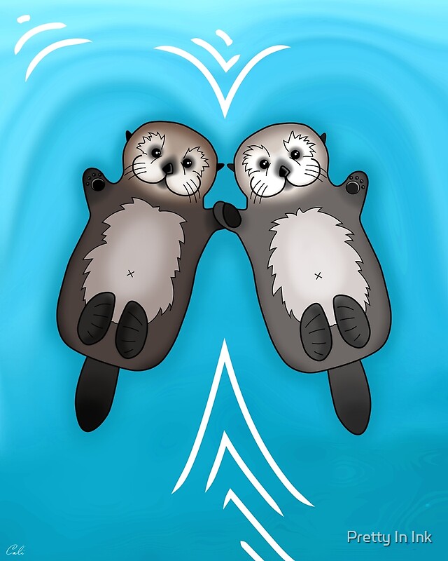 "Otters Holding Hands Sea Otter Couple" Art Prints by prettyinink