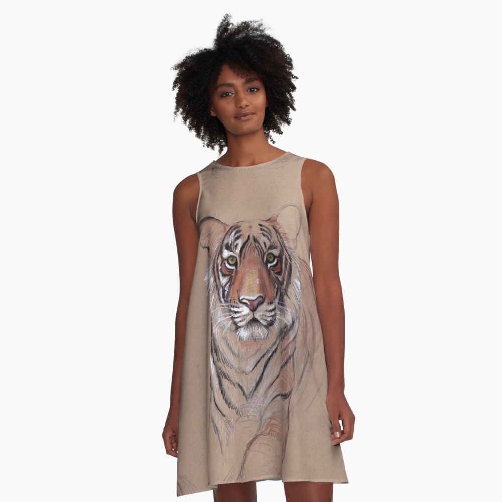UNFINISHED BUSINESS - Original Tiger Drawing - Mixed Media (acrylic paint & pencil) A-Line Dress