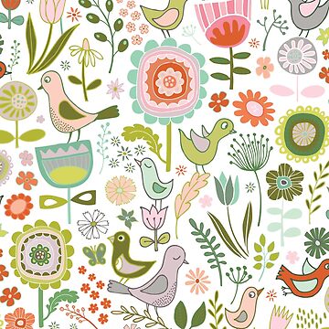 Artwork thumbnail, Birds and Blooms - Springtime - Pretty Floral Bird Pattern by Cecca Designs by Cecca-Designs