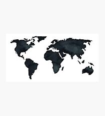 World Map Black Watercolor Ink Photographic Print