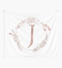 Letter J Rose Gold Pink Initial Monogram Wall Tapestry