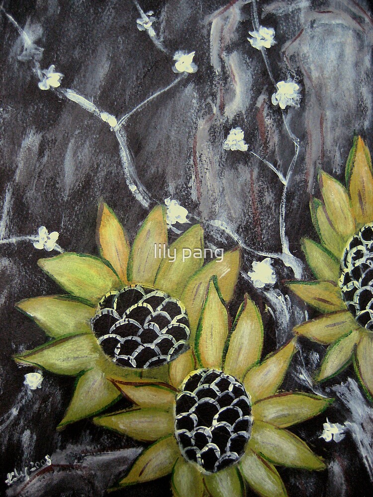 "Flowers in black background original acrylic painting" by lily pang