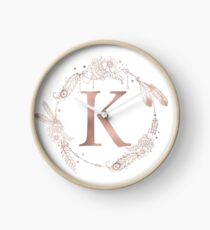 Letter K Rose Gold Pink Initial Monogram Clock