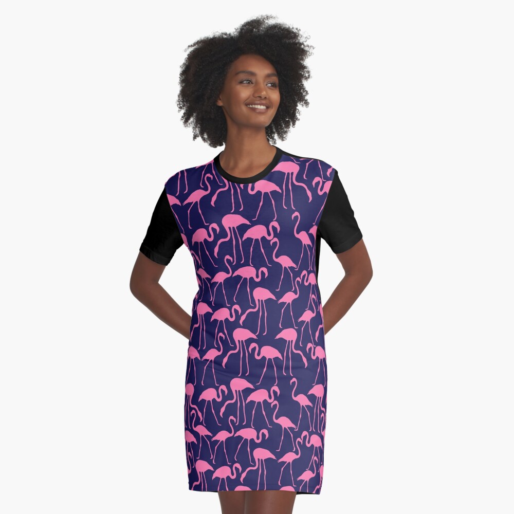 Pink and Navy Flamingo Print Graphic T-Shirt Dress