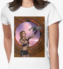 Wonderful steampunk lady with steam dragon Women's Fitted T-Shirt