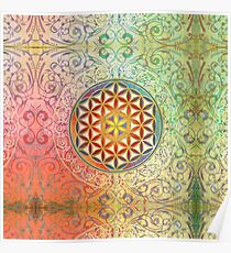 Flower Of Life Vintage Ornaments Mosaic Green Red Poster