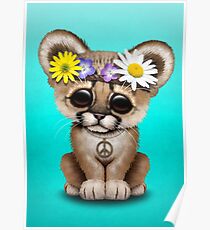 Cute Hippie Cougar Cub on Blue Poster