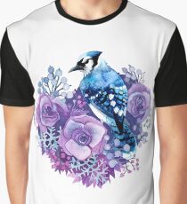 Camiseta gráfica Blue Jay y Violet Flowers Watercolor