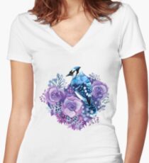 Blue Jay and Violet Flowers Watercolor Women's Fitted V-Neck T-Shirt