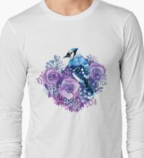 Blue Jay and Violet Flowers Watercolor Long Sleeve T-Shirt