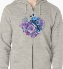 Blue Jay und Violet Flowers Aquarell Kapuzenjacke