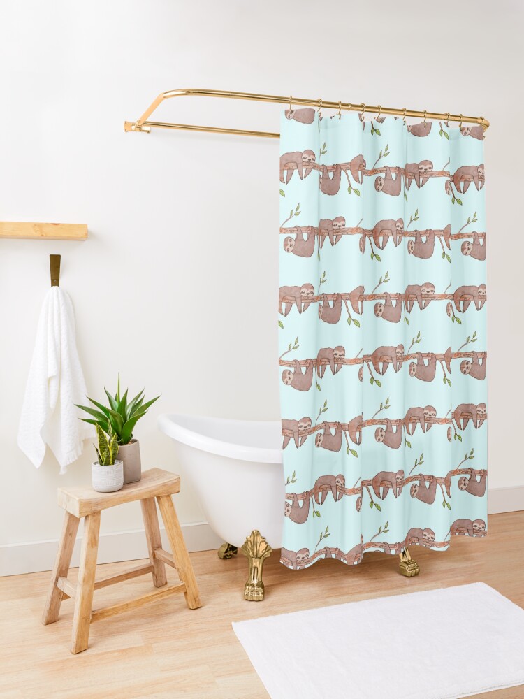 Alternate view of Baby Sloths hanging on Tree Pattern Shower Curtain