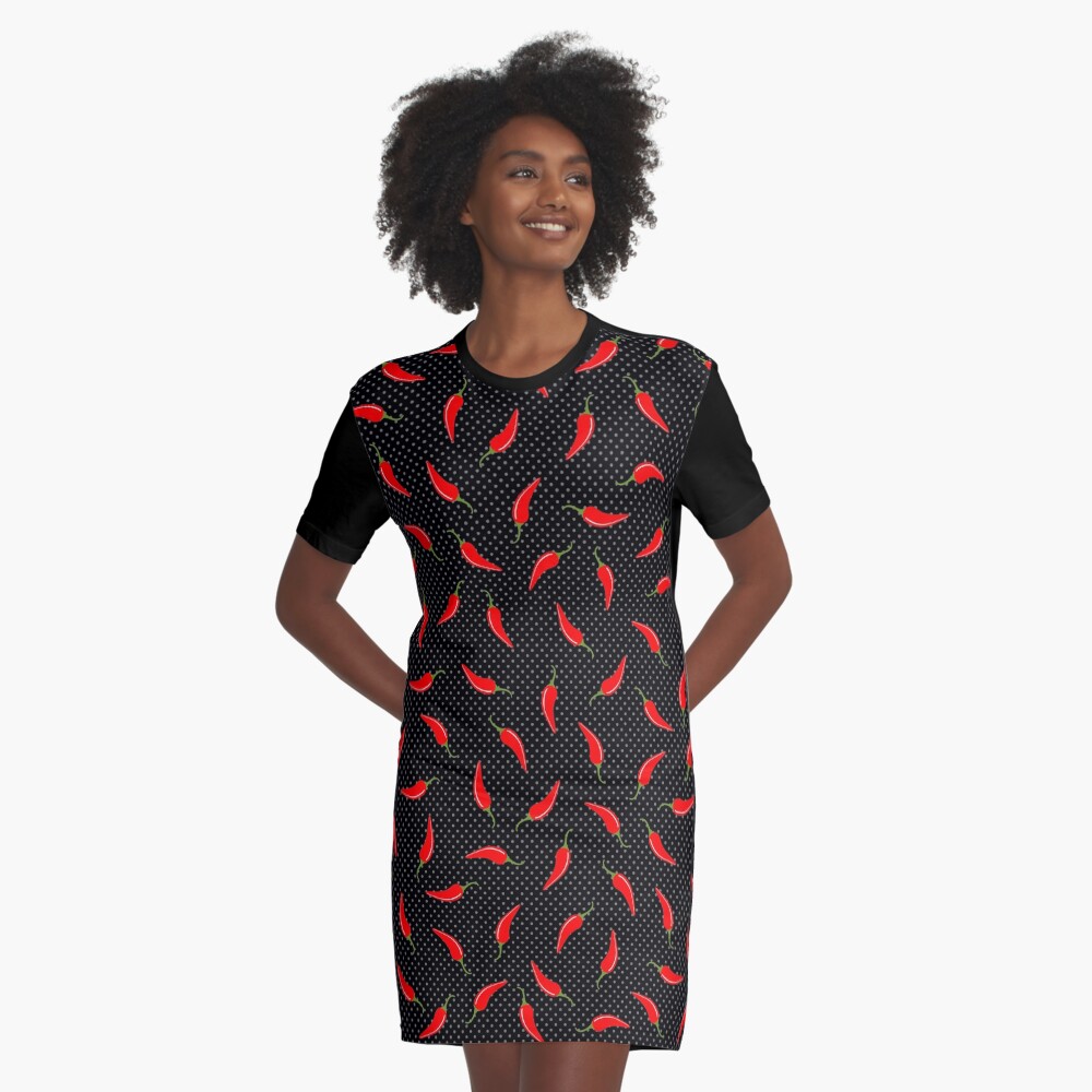 Dark Red Pepper and Dots Graphic T-Shirt Dress