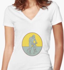 Construction Worker Operating Jackhammer Oval Drawing Women's Fitted V-Neck T-Shirt