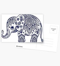 Blue Floral Elephant Illustration Postcards