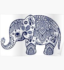Blue Floral Elephant Illustration Poster