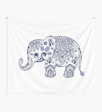 Blue Floral Elephant Illustration Wall Tapestry