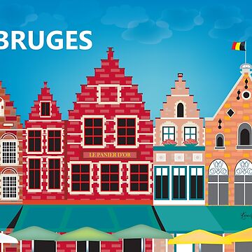 Artwork thumbnail, Bruges, Belgium - Skyline Illustration by Loose Petals by LoosePetals