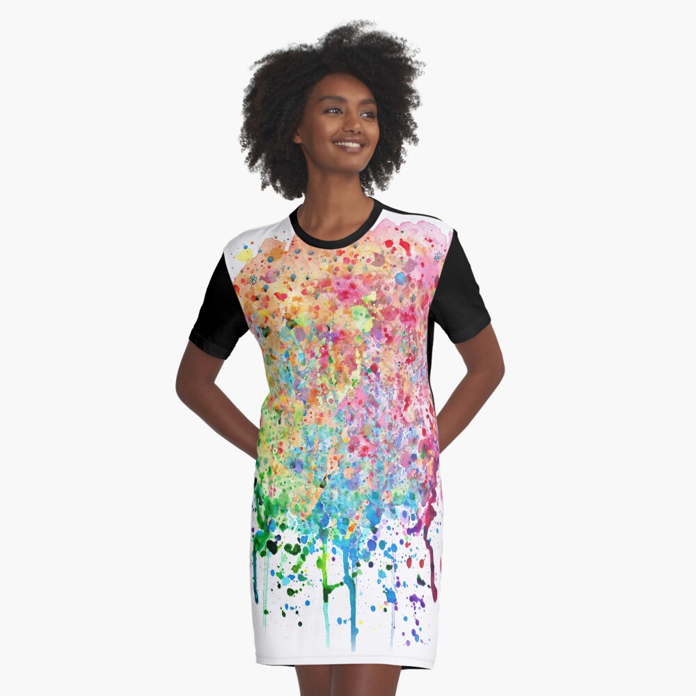 Rainbow Paint Splatter Drip Graphic T-Shirt Dress