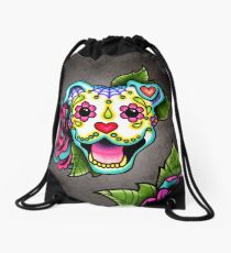 Smiling Pit Bull in White - Day of the Dead Pitbull - Sugar Skull Dog Drawstring Bag