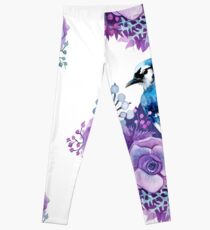 Blue Jay and Violet Flowers Watercolor Leggings