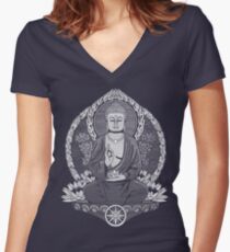 Gautama Buddha White Halftone Women's Fitted V-Neck T-Shirt