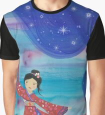 Japanese geisha in kimono with flying lanterns in the sky Graphic T-Shirt