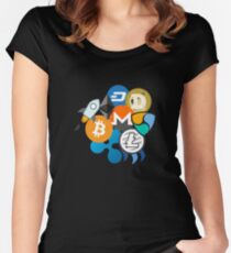 Bitcoin, Ripple, Ethereum, Litecoin, NEM, Dash, Monero, Stellar Lumens, Steem, Cryptocurrency, Women's Fitted Scoop T-Shirt