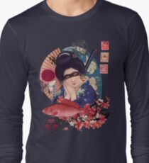 Collage Geisha Samurai in Coral, Indigo and Marsala Long Sleeve T-Shirt