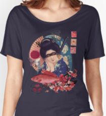 Camiseta ancha Collage Geisha Samurai in Coral, Indigo and Marsala