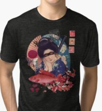 Collage Geisha Samurai in Coral, Indigo and Marsala Tri-blend T-Shirt