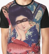 Collage Geisha Samurai in Coral, Indigo and Marsala Graphic T-Shirt