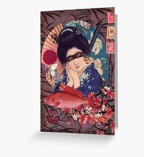 Collage Geisha Samurai in Coral, Indigo and Marsala Greeting Card