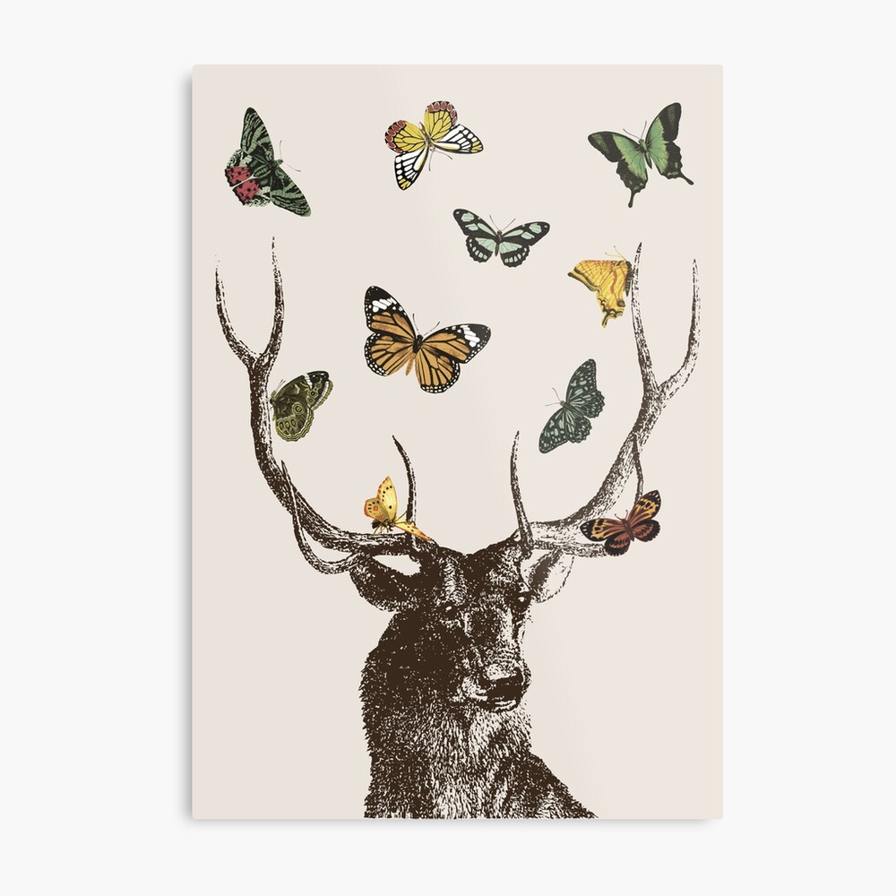 The Stag and Butterflies | Deer and Butterflies | Vintage Stag | Antlers | Woodland | Highland | Metal Print