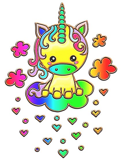 Pósters «Unicornio en la nube del arco iris, estilo kawaii, animales