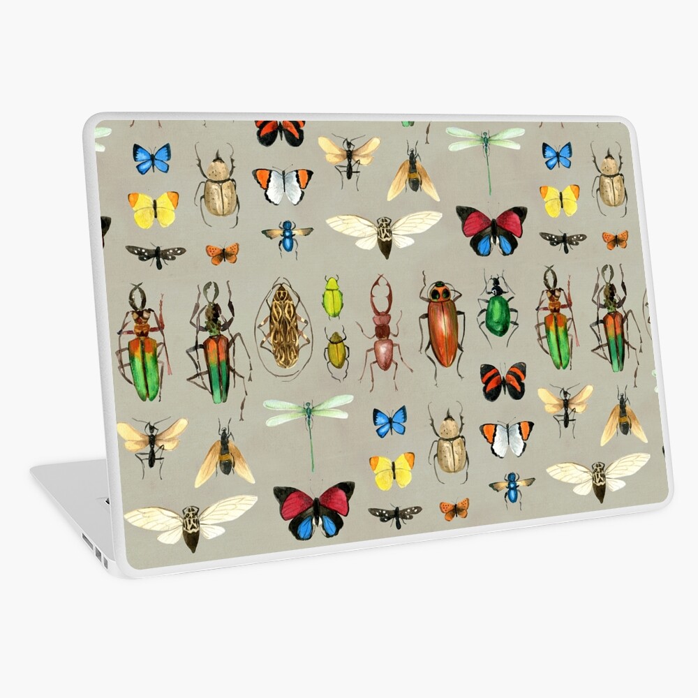 The Usual Suspects - Insects on grey - watercolour bugs pattern by Cecca Designs Laptop Skin
