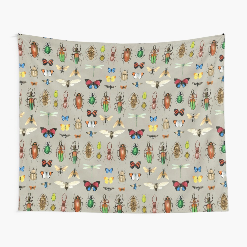 The Usual Suspects - Insects on grey - watercolour bugs pattern by Cecca Designs Wall Tapestry