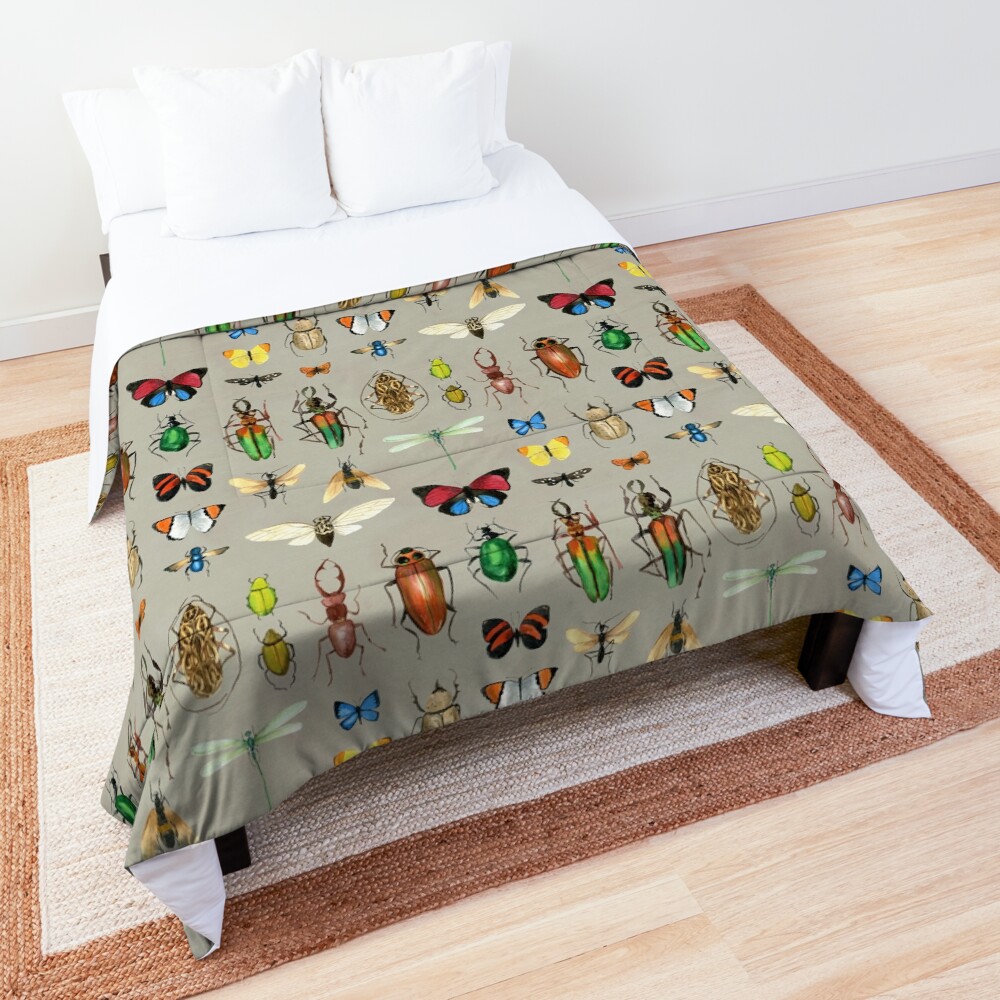 The Usual Suspects - Insects on grey - watercolour bugs pattern by Cecca Designs Comforter