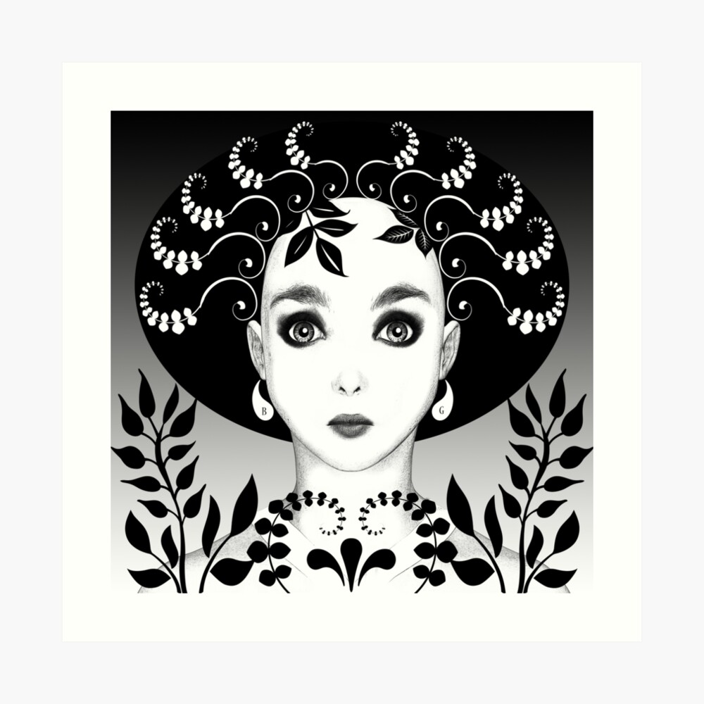 "Black and white floral art deco face" Art Print by BrittaGlodde