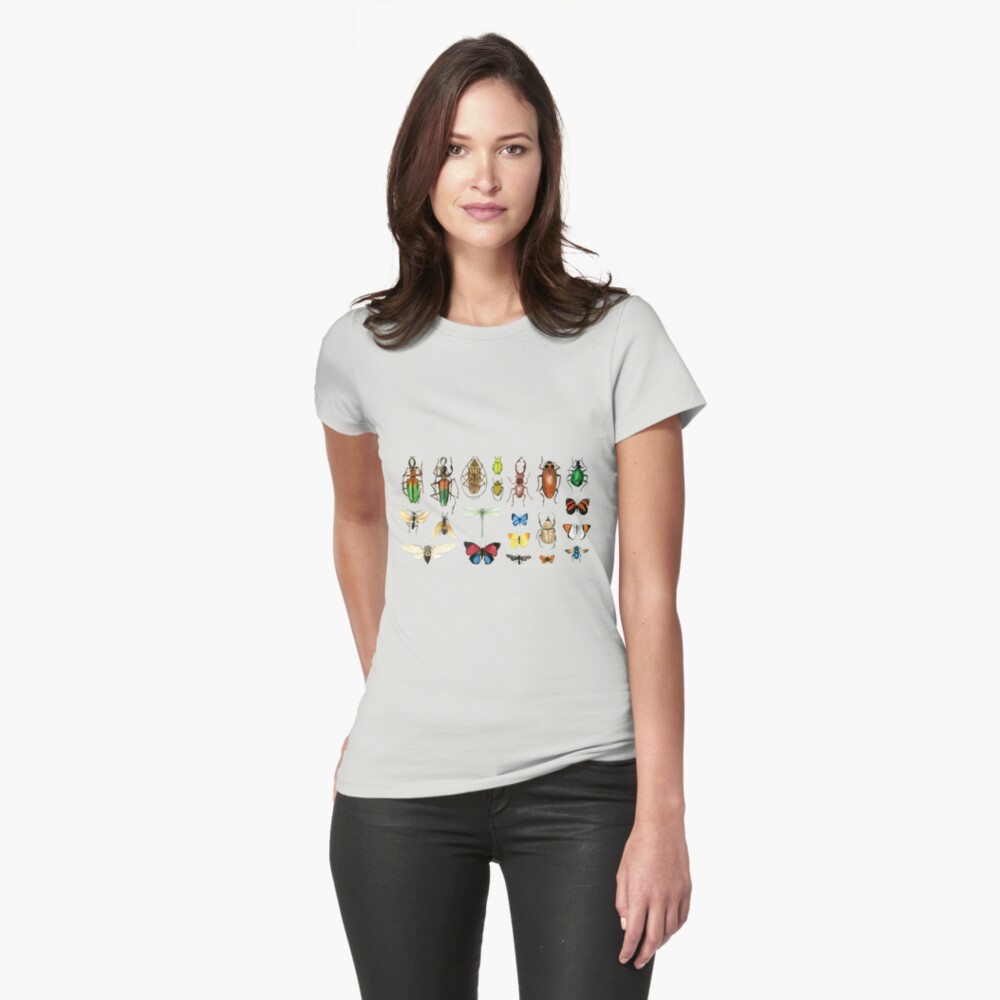 The Usual Suspects - Insects on grey - watercolour bugs pattern by Cecca Designs Fitted T-Shirt