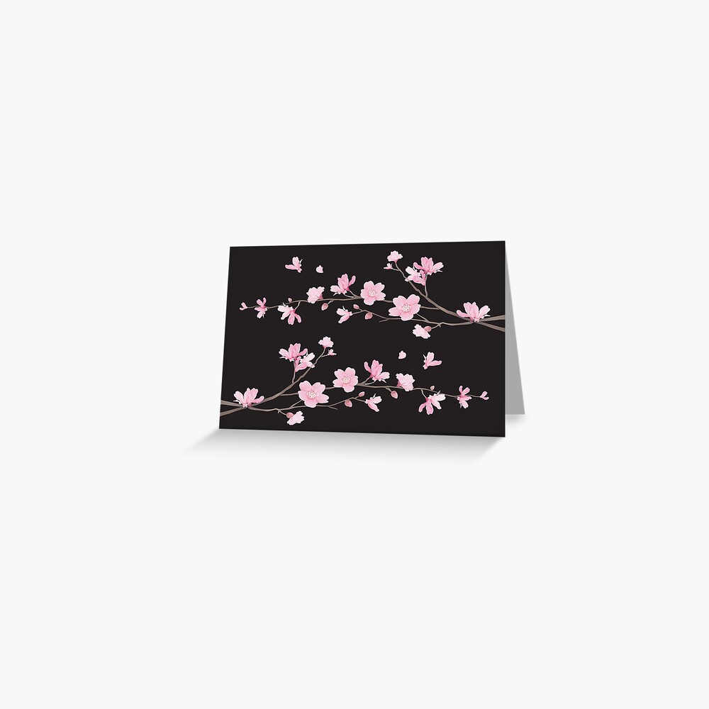 Cherry Blossom Black Background Greeting Card By Designenrich