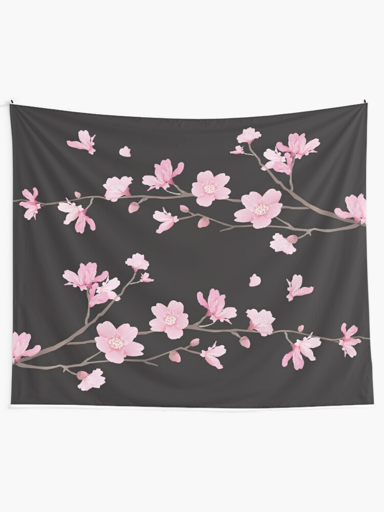 Cherry Blossom Black Background Tapestry By Designenrich