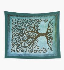 Tree Of Life Woodcut In Blue Wall Tapestry