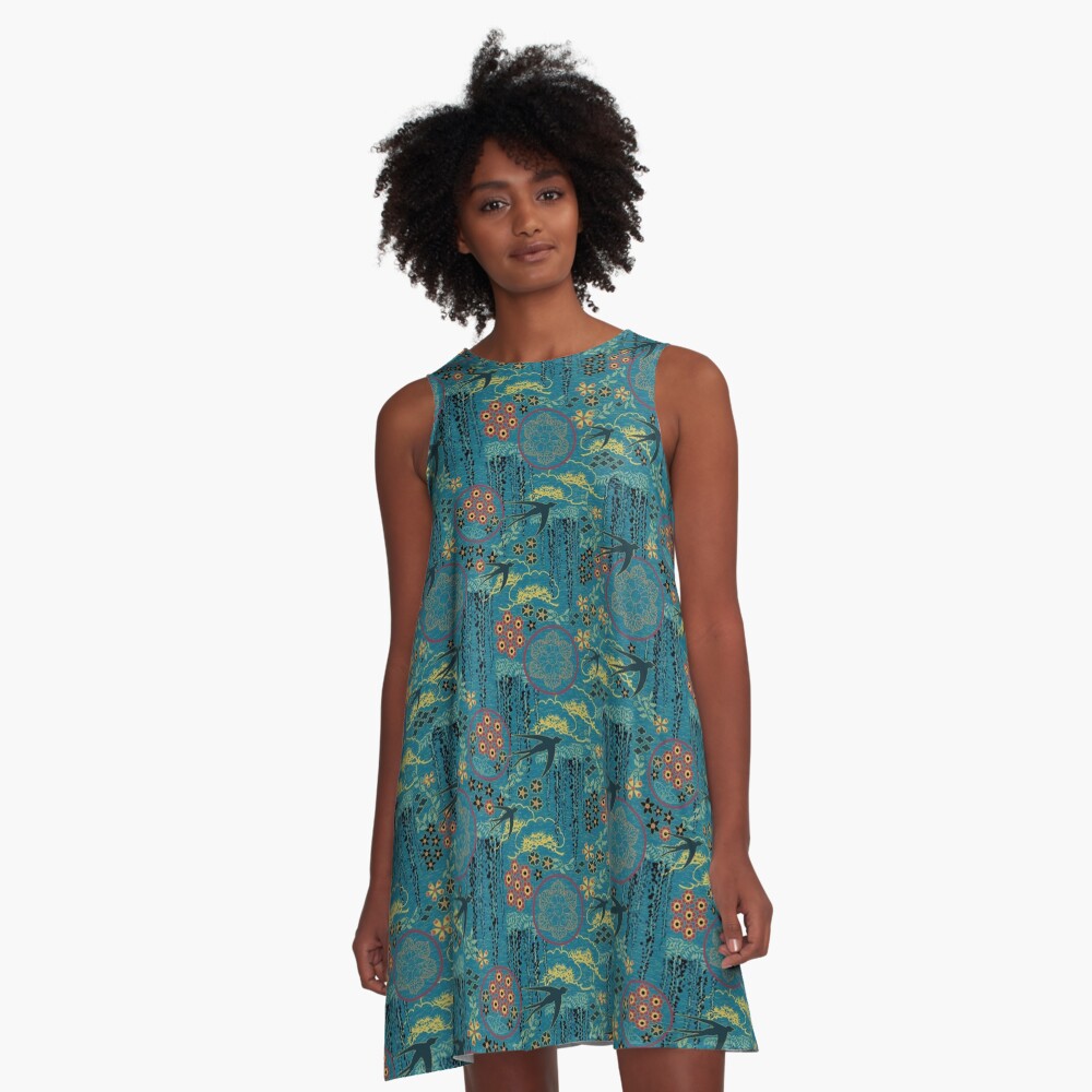 Japanese Garden in Teal Gold Red and Black A-Line Dress