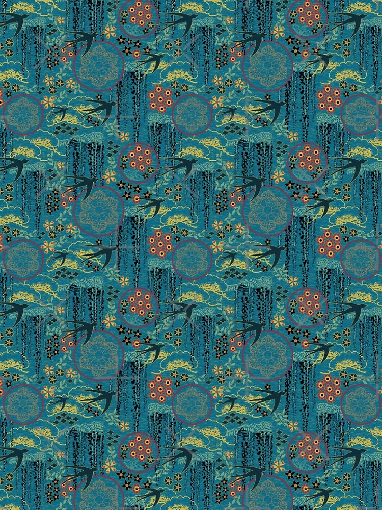 Japanese Garden in Teal Gold Red and Black by vinpauld