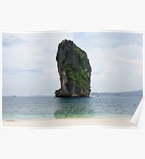 Big rock blue ocean near tropical white sand beach. Poster