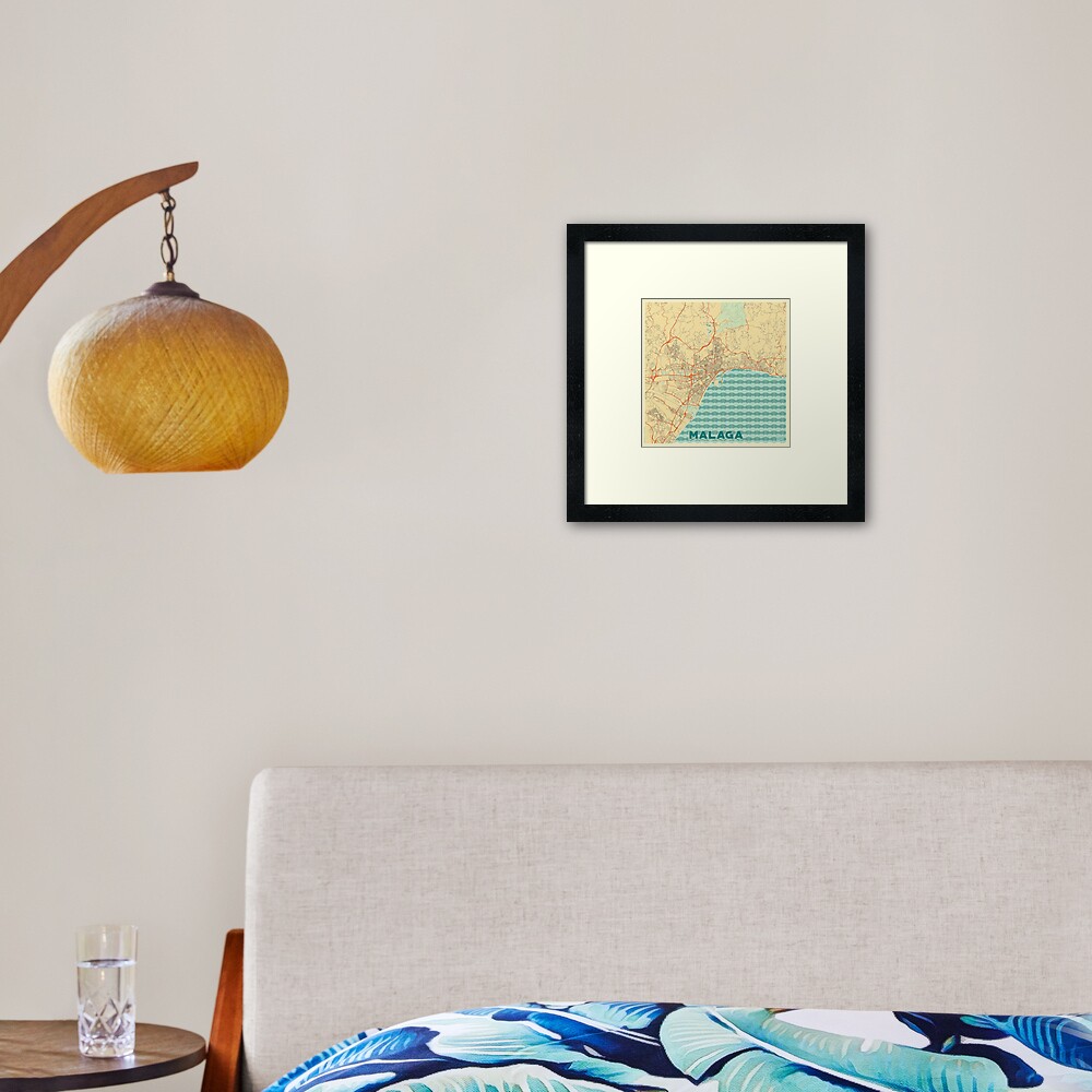 Malaga Map Retro Framed Art Print